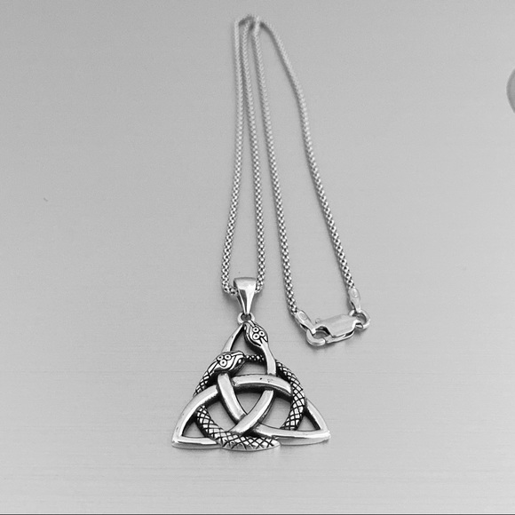 Sterling Silver Celtic Snake Necklace, Triquetra Chain, Animal Retiles Jewelry - Picture 1 of 8